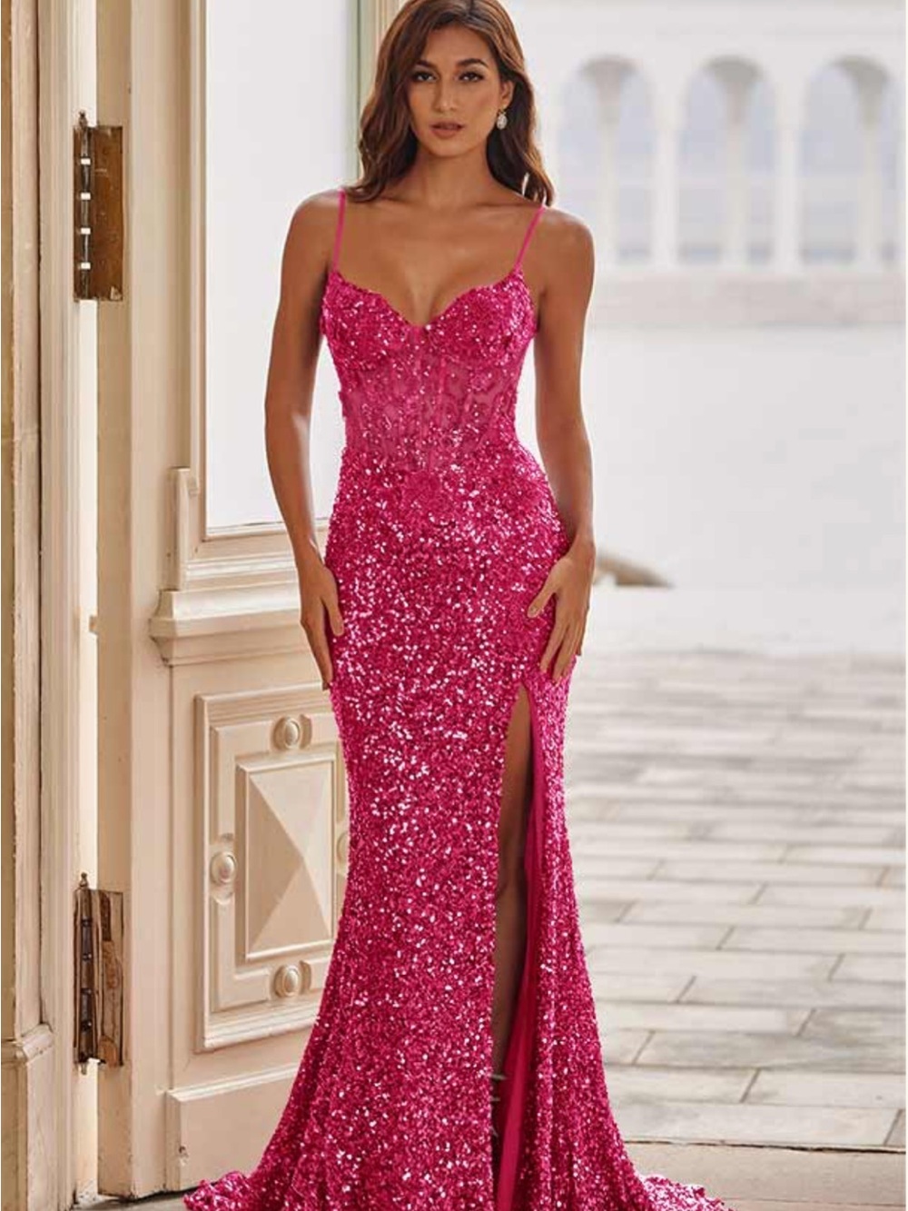 NWT Stacees Fuchsia Sequin Spaghetti Strap Evening Gown